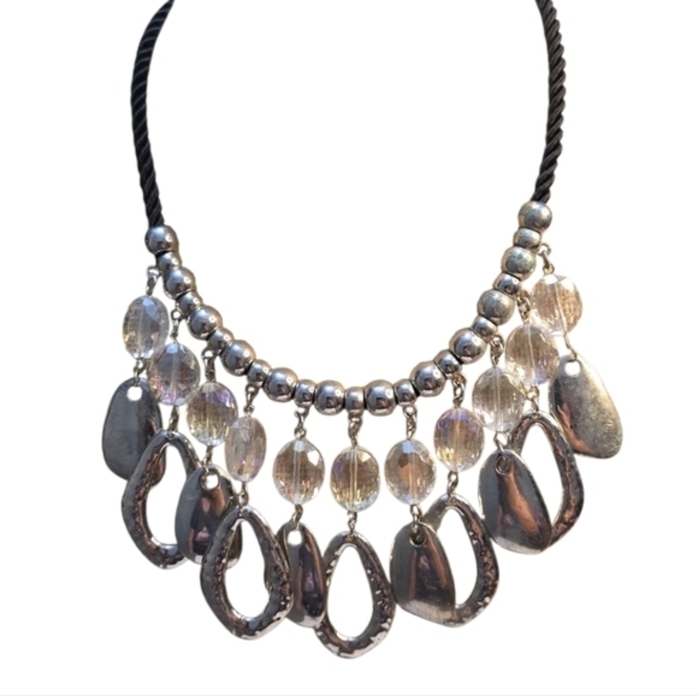 Treska Silver Hammered Metal Bib Necklace Iridescent Beads Black Cord Statement